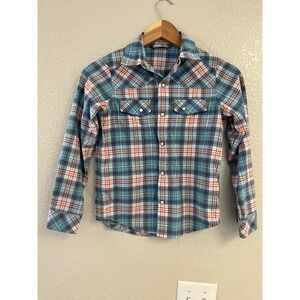 Stio Kids Blue Orange Plaid Western Snap Long Sleeve Shirt Size 8